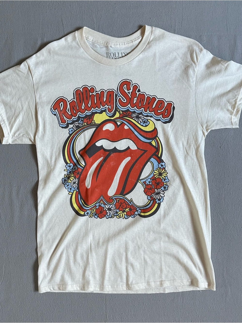 Rolling Stones Tongue Logo Graphic Tee Cream Band Shirt Mens M